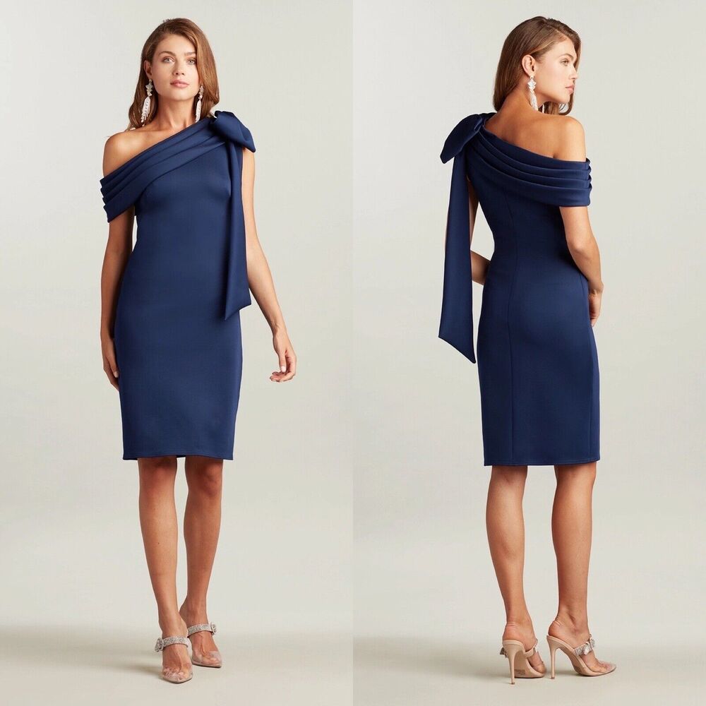 TADASHI SHOJI Women M Snyder Dress Royal Navy Blue Drapes Neoprene Bow NEW FLAW